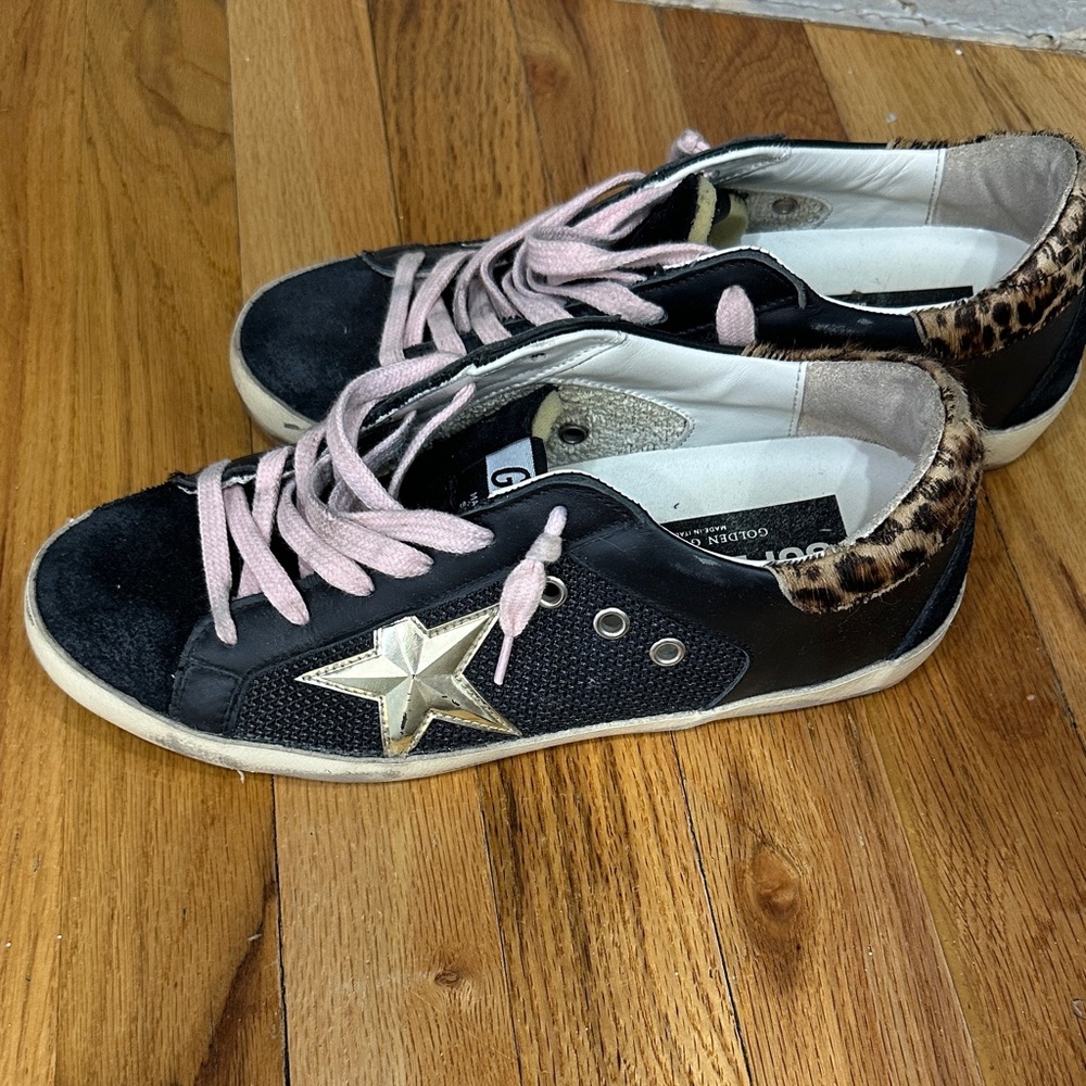 Golden Goose Black and Pink Sneakers with Leopard Accent